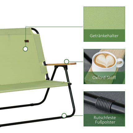 2-seater folding camping chair with cup holder, light green