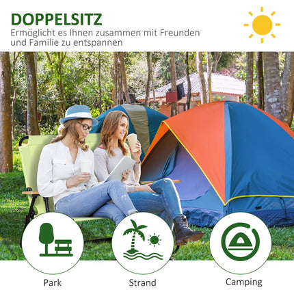2-seater folding camping chair with cup holder, light green