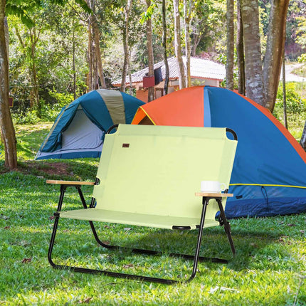 2-seater folding camping chair with cup holder, light green