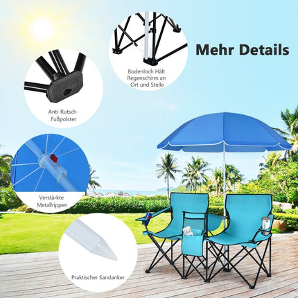 Camping chair with parasol double folding chair with drink holder cool bag turquoise