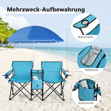 Camping chair with parasol double folding chair with drink holder cool bag turquoise
