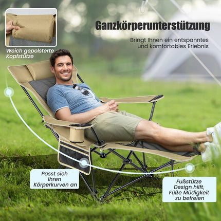 Camping chair with removable footrest & adjustable backrest & cup holder Khaki
