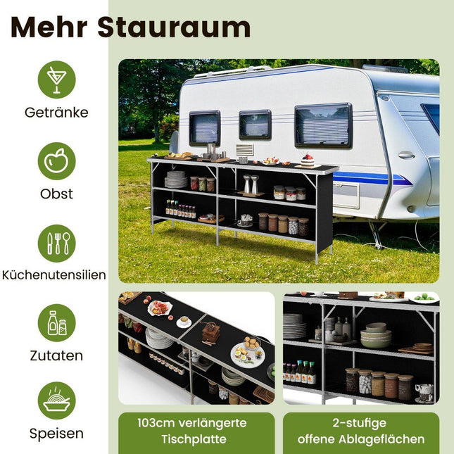 Campingkast opvouwbare draagbare campingkeuken met 2 planken 206 x 38 x 83 cm zwart