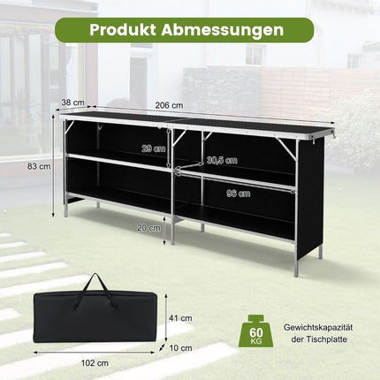 Kempingová skříňka, skládací přenosná kempingová kuchyně se 2patrovými policemi 206 x 38 x 83 cm černá