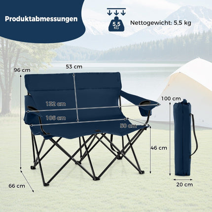 Kempingová židle pro 2 osoby, skládací s držáky nápojů