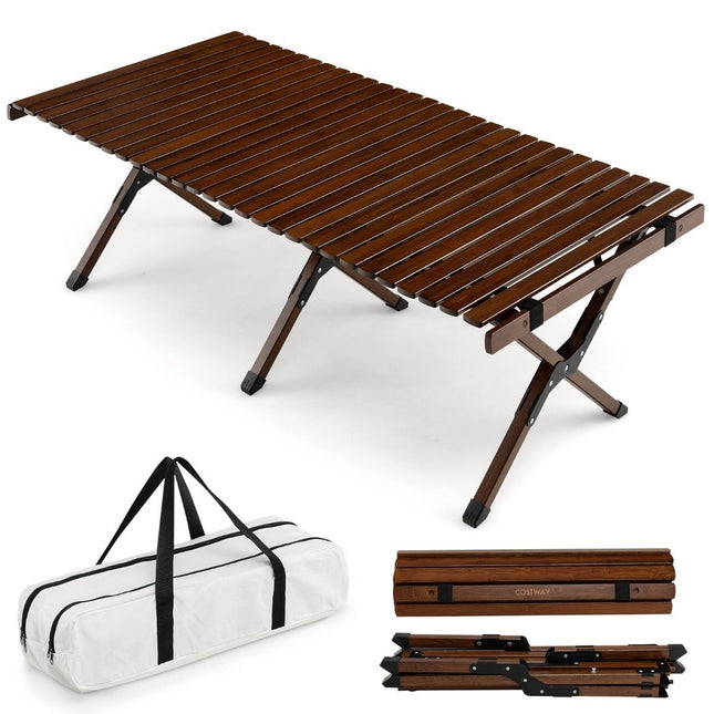 Campingtafel opvouwbare picknicktafel met draagtas oprolbare bamboe tafel 122 x 60 x 43,5 cm koffie