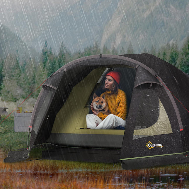 Kampeertent voor 4 personen, lichtgewicht, stabiele, UV 50+ tunneltent met luifel, zij-ingang en raam, zwart