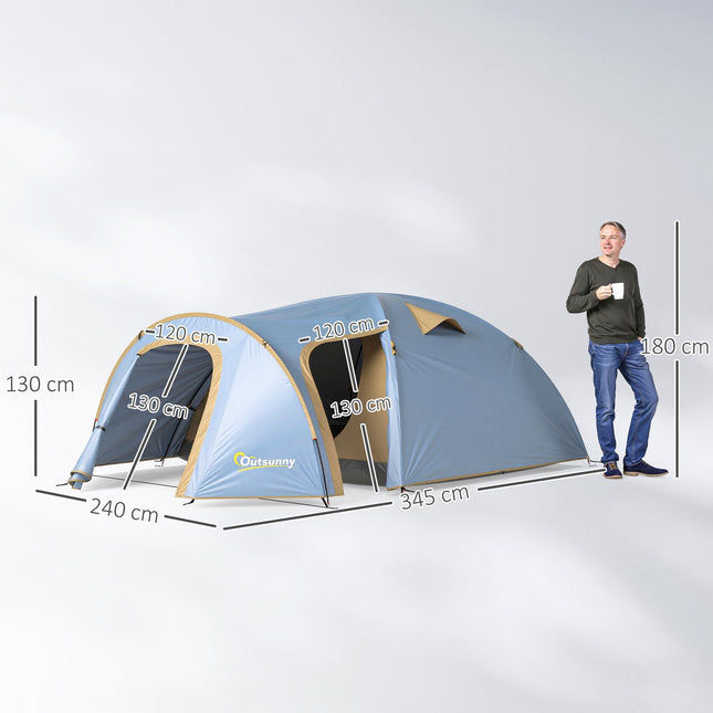Kampeertent voor 4 personen, waterdichte tunneltent met 2 deuren en haken, pakzak, 3,45 x 2,4 x 1,3 m, lichtblauw