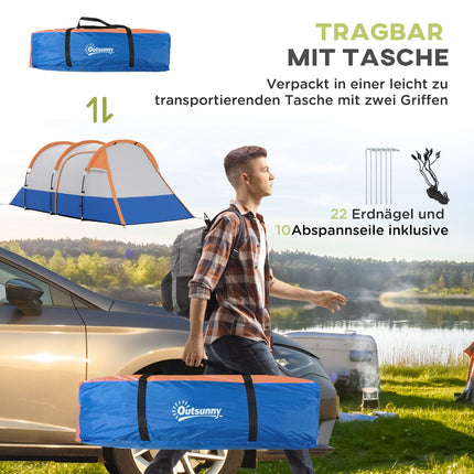 Camping tent for 3, 2 rooms, windproof, 2000 mm water repellent