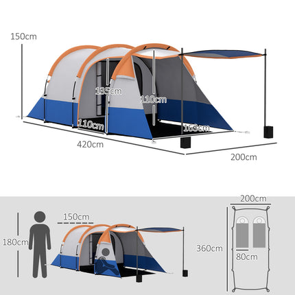 Camping tent for 3, 2 rooms, windproof, 2000 mm water repellent