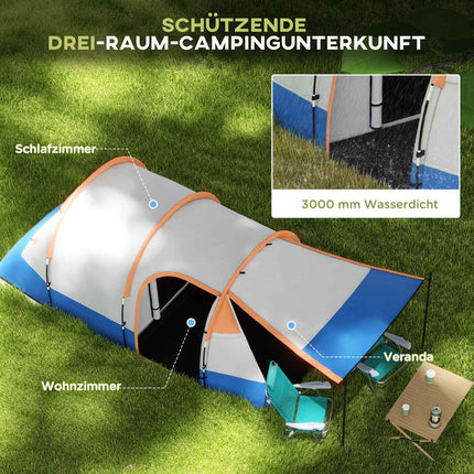 Camping tent for 3, 2 rooms, windproof, 2000 mm water repellent