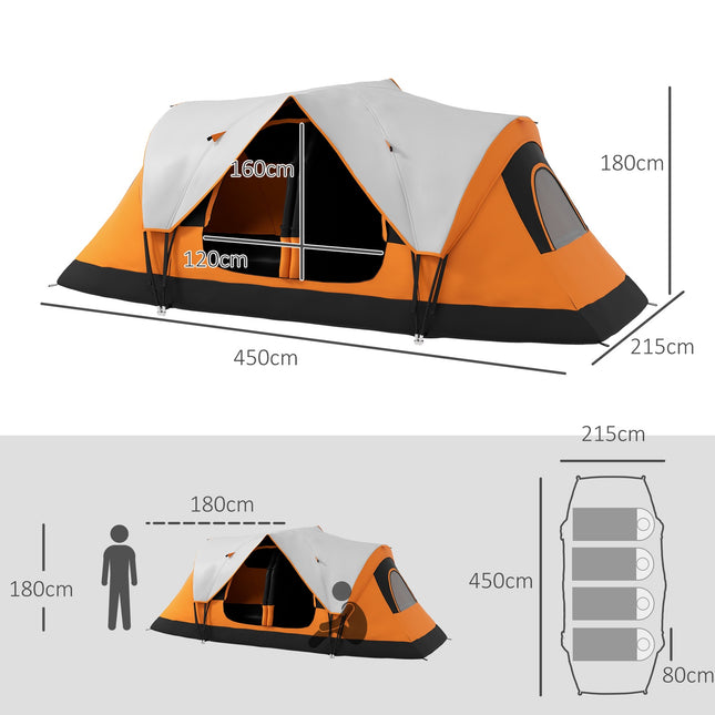 Kampeertent, tunneltent voor 8 personen, met lichthaken, gaasraam, 2 kamers, winddichte familietent met draagtas, 2000 mm waterafstotende groepstent voor kamperen, tuin, oranje Aosoom