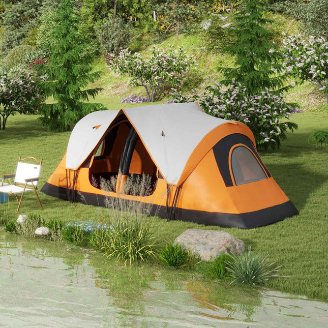 Kampeertent, tunneltent voor 8 personen, met lichthaken, gaasraam, 2 kamers, winddichte familietent met draagtas, 2000 mm waterafstotende groepstent voor kamperen, tuin, oranje Aosoom