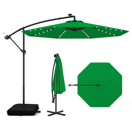 Boční zahradní slunečník 3m, solární LED, klika, UV, zelená