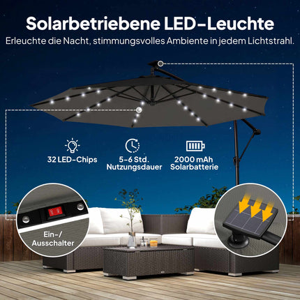 Boční zahradní slunečník, 3x3m, solární LED, odolný vůči UV