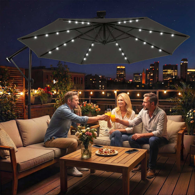 Boční zahradní slunečník, 3x3m, solární LED, odolný vůči UV