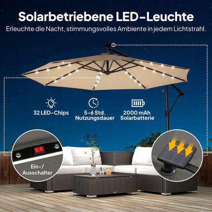 Boční zahradní slunečník s LED, 3x3m, béžová
