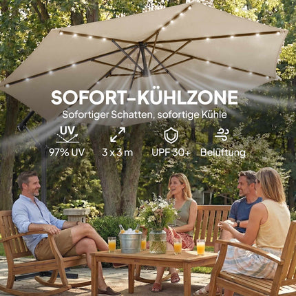 Boční zahradní slunečník s LED, 3x3m, béžová