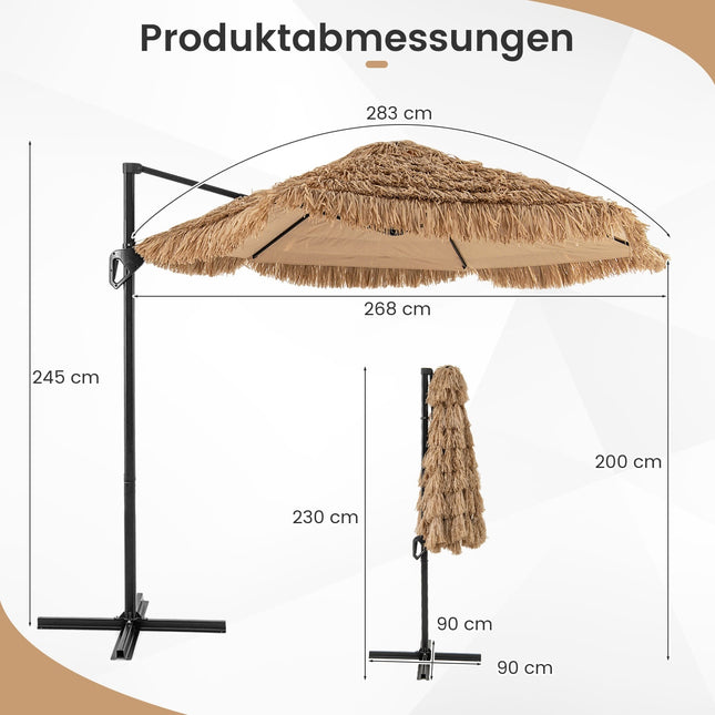 Boční zahradní slunečník Tiki s doškovou střechou, 283 cm, s ventilací