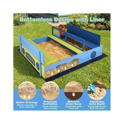 Car-Shaped Sandpit with Bench Lid, Steering Wheel and Liner, Fir Wood, Blue