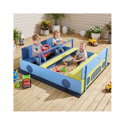 Car-Shaped Sandpit with Bench Lid, Steering Wheel and Liner, Fir Wood, Blue