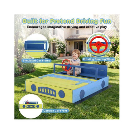 Car-Shaped Sandpit with Bench Lid, Steering Wheel and Liner, Fir Wood, Blue