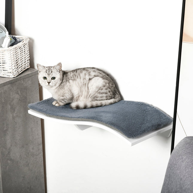 Wall-hung cat bed with plush pillow, white/grey