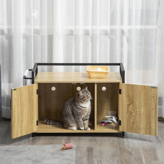 Kattenkast Voor Kattentoilet, Kattenbak, Bijzettafel, Kattenhuis, Kattenladekast, Kast, Spaanplaat, Natuurlijk Hout, 82,3 X 51 X 54 Cm