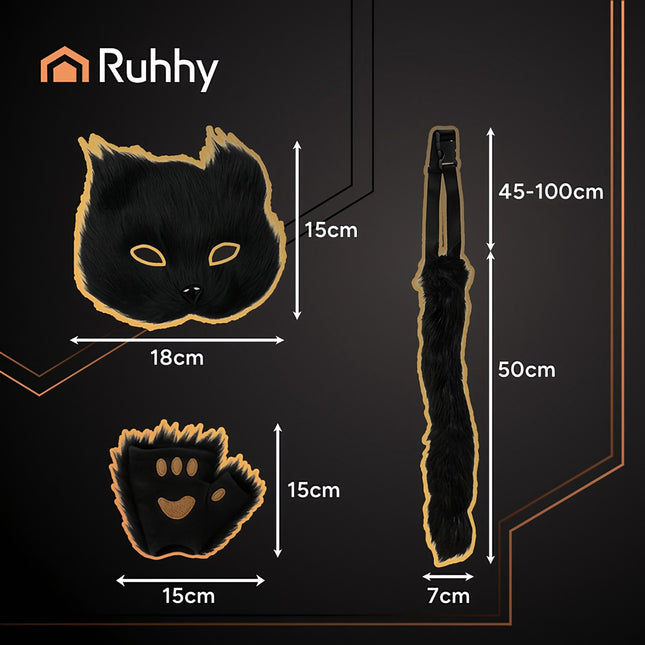 Cat/Fox Costume Set, Black – Mask, Tail, Paws