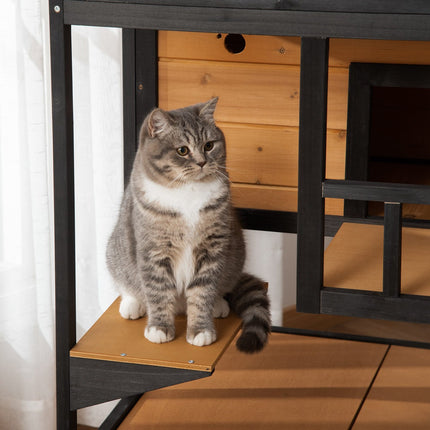 Outdoor Winterproof Spruce Wood Cat House - 4 Levels & Stairs