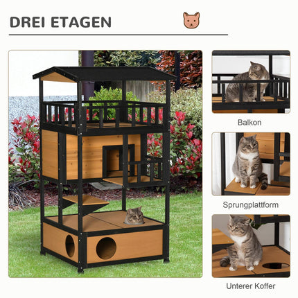 Outdoor Winterproof Spruce Wood Cat House - 4 Levels & Stairs