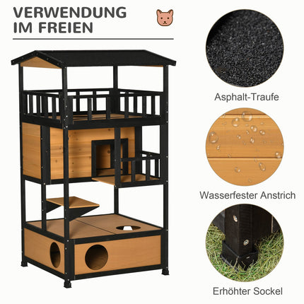 Outdoor Winterproof Spruce Wood Cat House - 4 Levels & Stairs