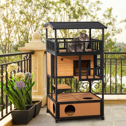 Outdoor Winterproof Spruce Wood Cat House - 4 Levels & Stairs