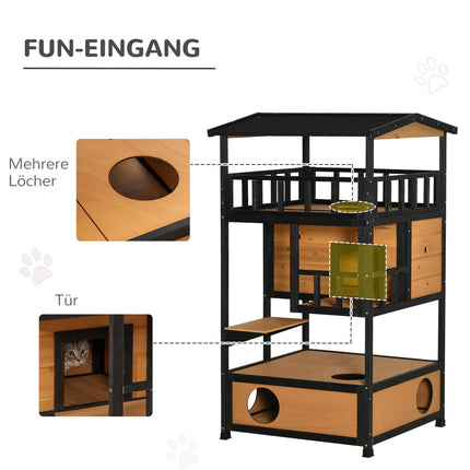 Outdoor Winterproof Spruce Wood Cat House - 4 Levels & Stairs