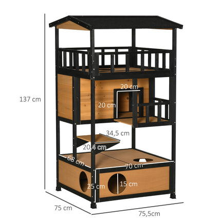 Outdoor Winterproof Spruce Wood Cat House - 4 Levels & Stairs