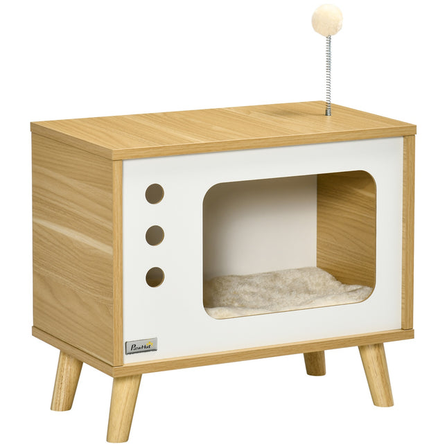 Domek pro kočky s hracím míčkem a polštářkem, dub/béžová/bílá 50x28x43 cm