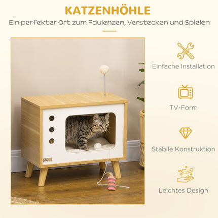 Cat house with play ball & pillow, oak/beige/white 50x28x43 cm