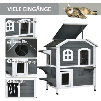 Outdoor weatherproof cat house, asphalt roof, 2 levels