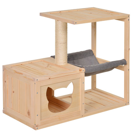 Domek pro kočky s houpací sítí a sisalem, přírodní dřevo, 70x35x60 Cm