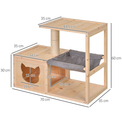 Domek pro kočky s houpací sítí a sisalem, přírodní dřevo, 70x35x60 Cm