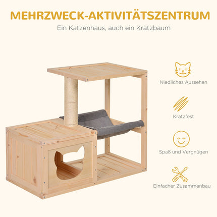 Domek pro kočky s houpací sítí a sisalem, přírodní dřevo, 70x35x60 Cm