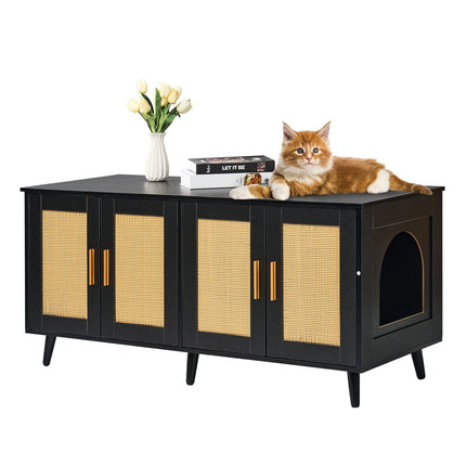 Cat Litter Box Enclosure Cabinet for 2 Cats, Rattan Doors