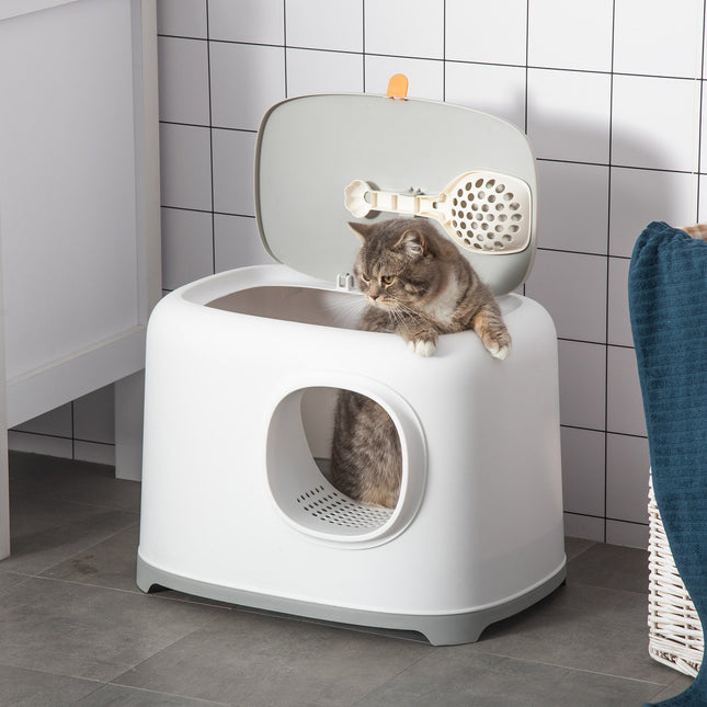 Cat litter with hood with mesh base, plastic, white