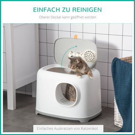 Kočičí toaleta s krytem a síťovým dnem, plastová, bílá