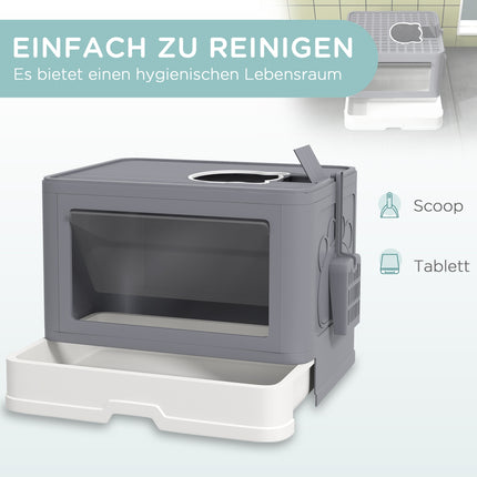 Gray indoor cat litter box with lid and scoop, up to 4 kg