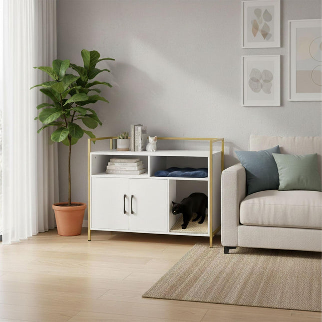Cat Litter Cabinet with Storage and Litter Mat