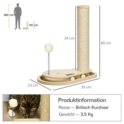 Cat scratching post with wooden ball toy, 40 cm, natural