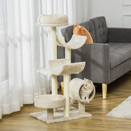 Škrabadlo pro kočky s tunelem, výška 105 cm, béžová