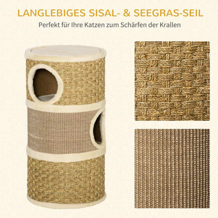 Kočičí škrabací sud, 3patrový sisal a plyš, 37.5x70 cm