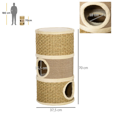 Kočičí škrabací sud, 3patrový sisal a plyš, 37.5x70 cm